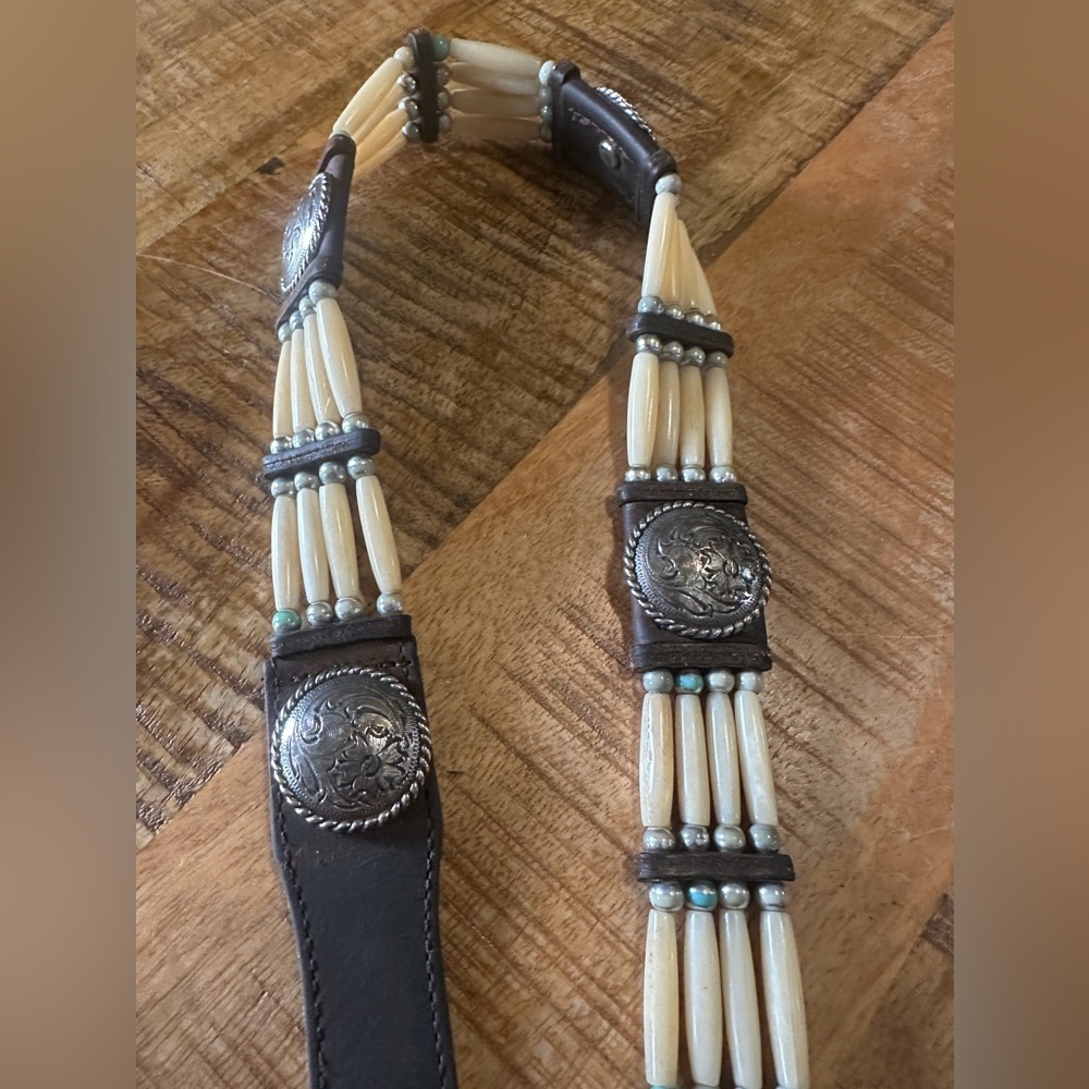Vtg Tony Lama Leather Concho Bone Bead Western Brown Leather Womens Belt 28" - Picture 4 of 16